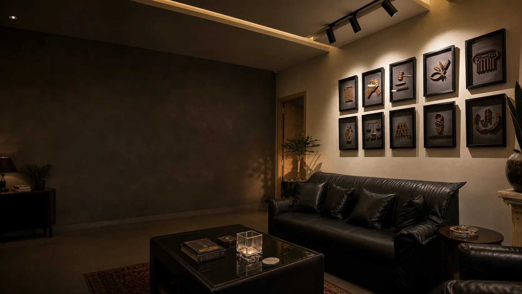 A wall of completed TRAPT frames in a warm evening showroom